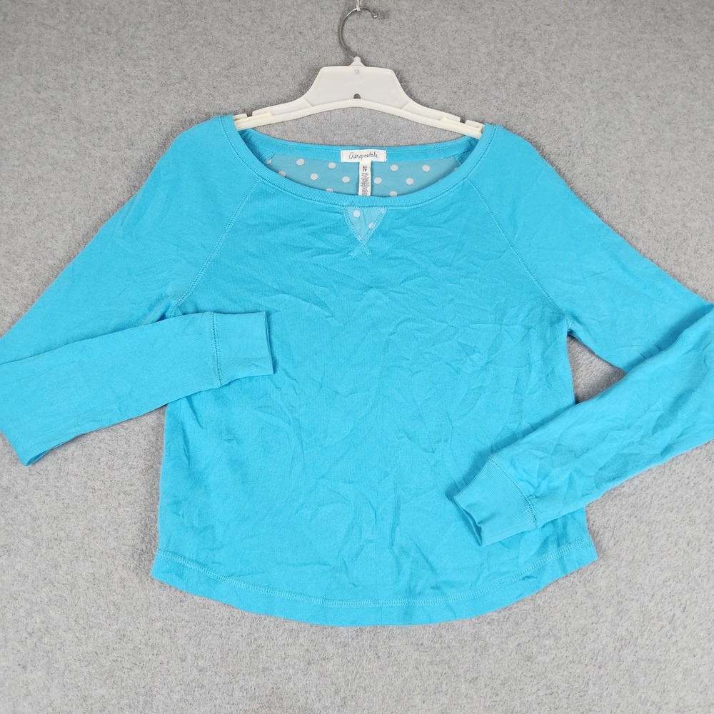Aeropostale Blouse Top Women XS Blue Polka Dot Sheer Back Long Sleeve Curved Hem